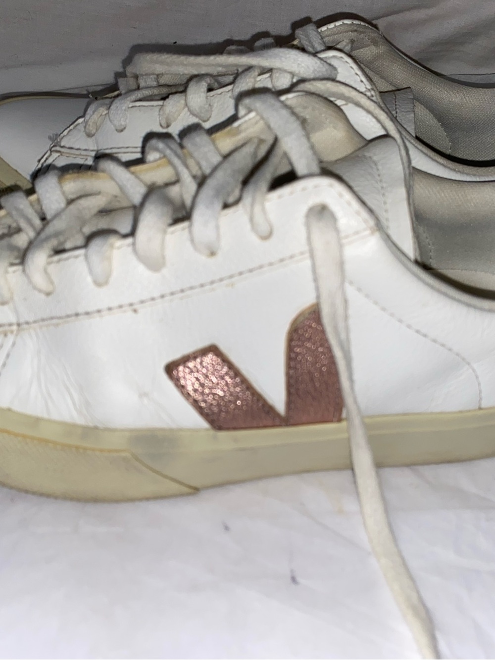 Veja White Leather Sneakers with Rose Metallic V size 6
